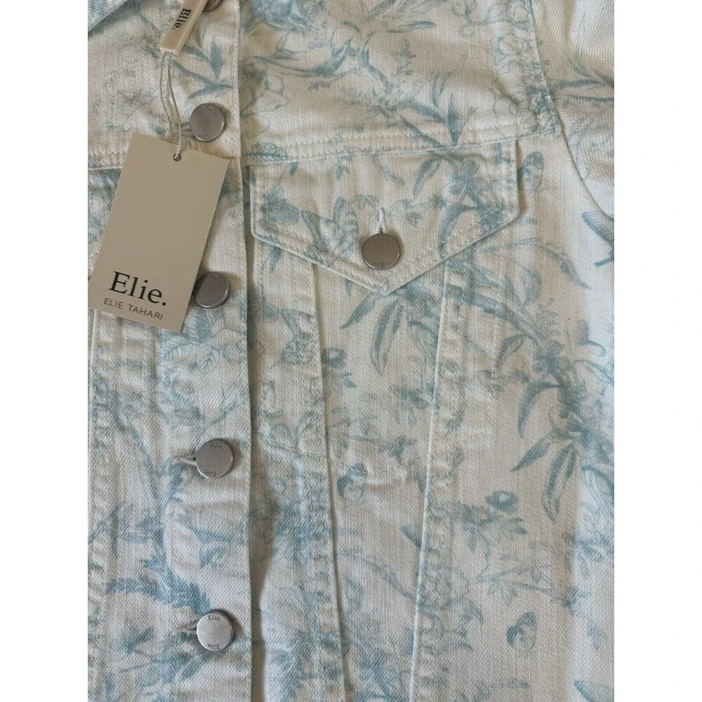 ELIE TAHARI Floral Denim Jacket Cropped Raw Hem White Blue Size M Cotton - Picture 7 of 16